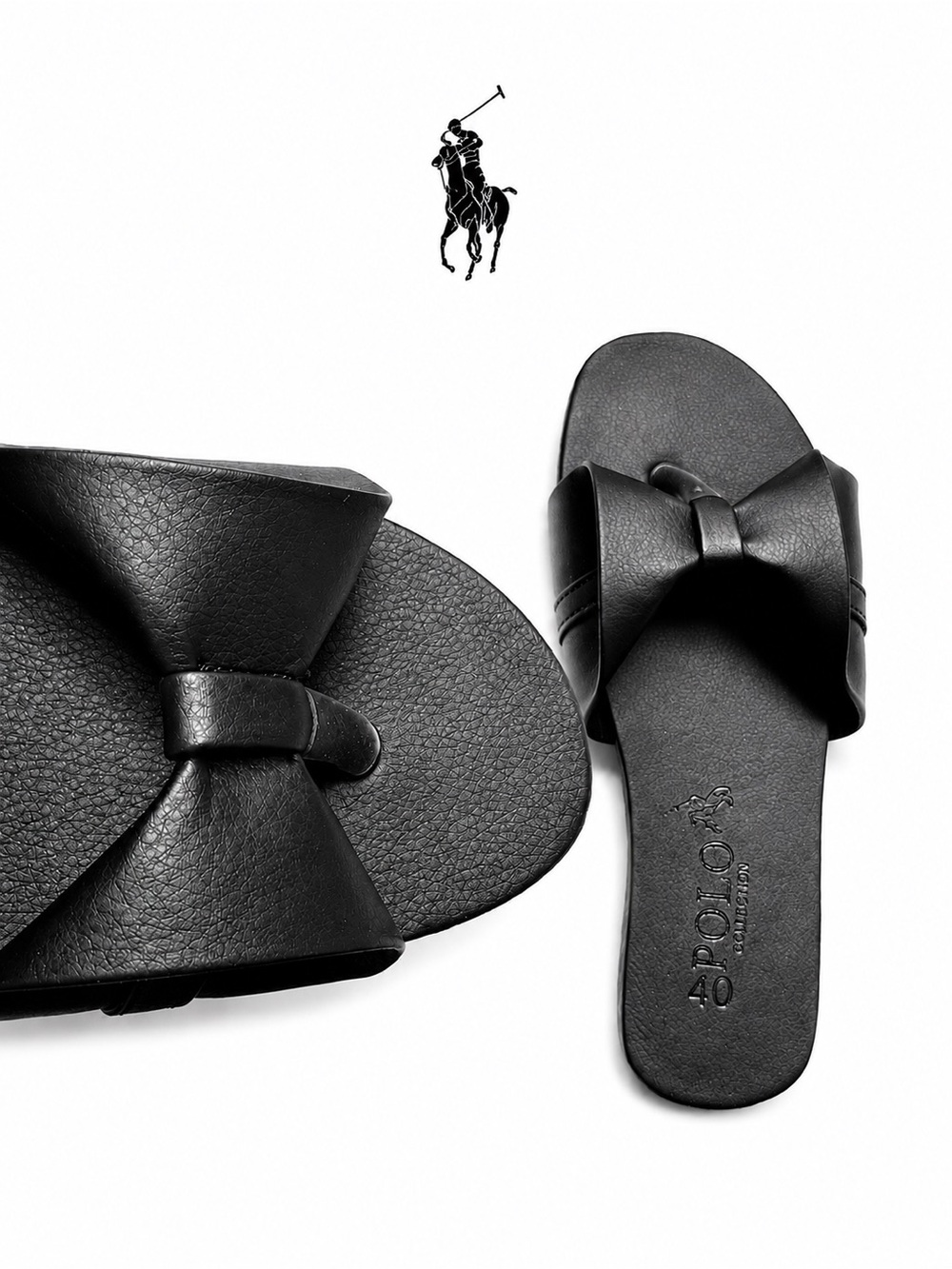 Polo Collections Matte Black Leather Bow Thong Slide Sandals  40